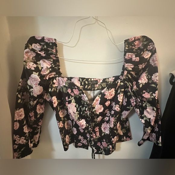 Black Pink Floral Long puff Sleeve Cropped Corset Tue Up Top - Picture 1 of 10
